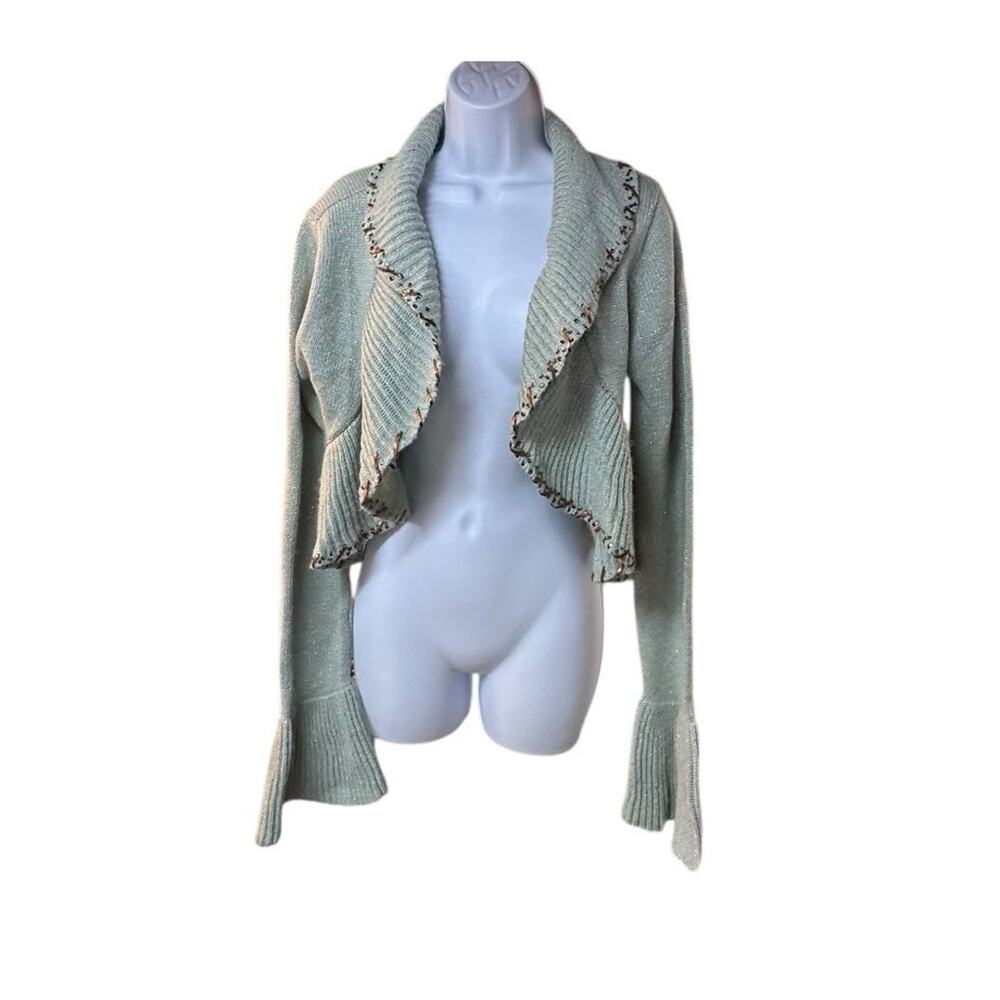 Arden B Wool Blend Ruffle Shawl Collar Cropped Cardigan Sweater Mint Green Y2K L